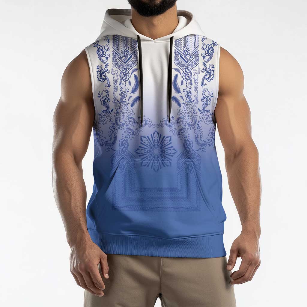 Philippines Barong Style Sleeveless Hoodie with Polynesian Art and Leaf Motif Blue Color