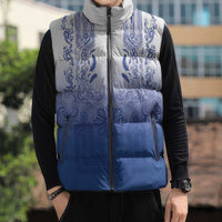 Philippines Barong Style Sleeveless Puffer Jacket with Polynesian Art and Leaf Motif Blue Color