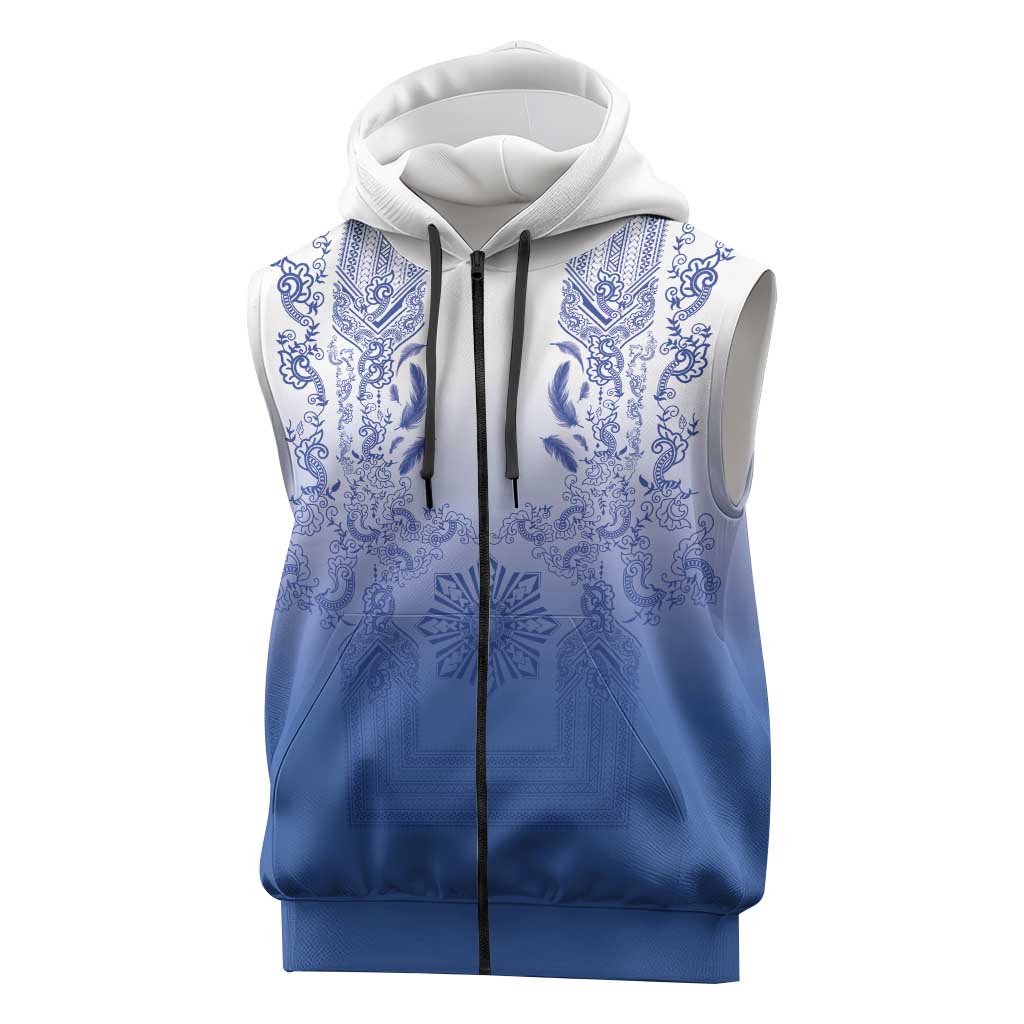 Philippines Barong Style Sleeveless Zip Hoodie with Polynesian Art and Leaf Motif Blue Color