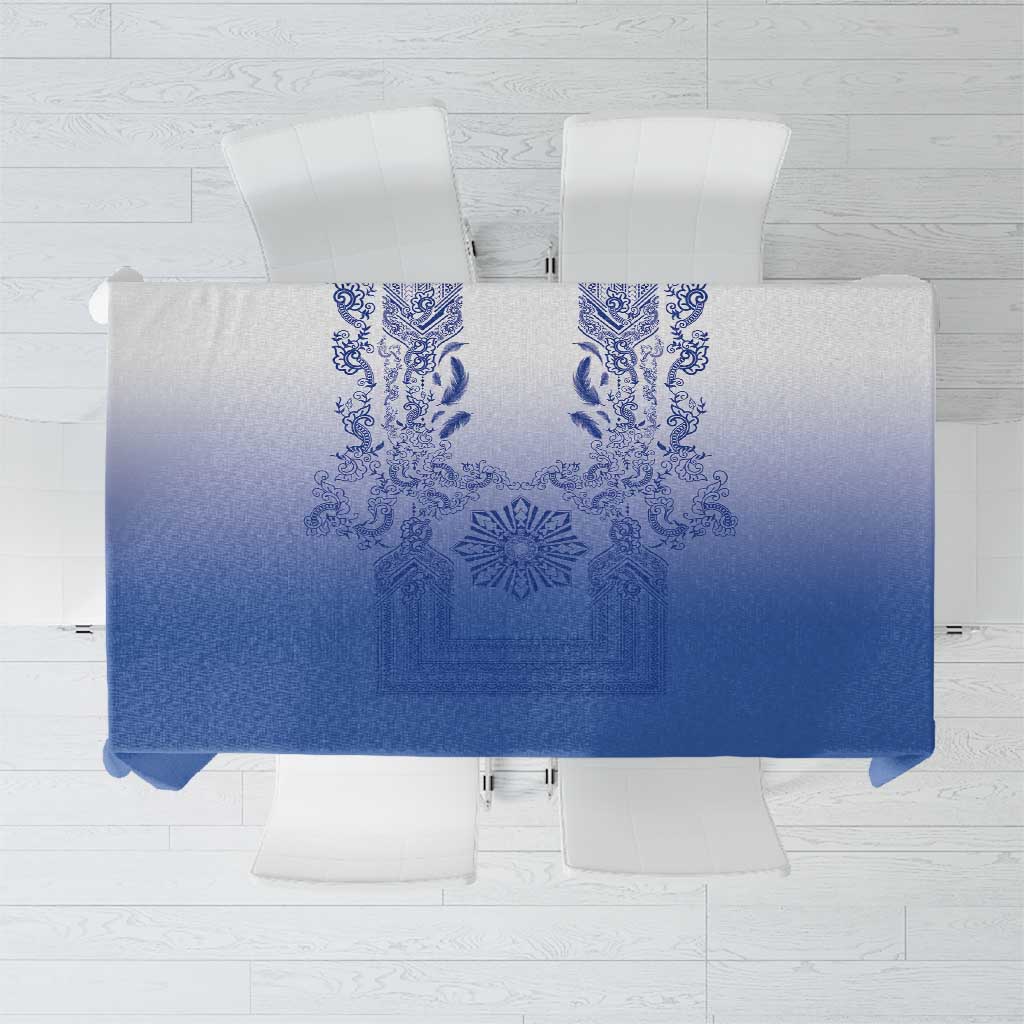 Philippines Barong Style Tablecloth with Polynesian Art and Leaf Motif Blue Color