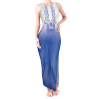 Philippines Barong Style Tank Maxi Dress with Polynesian Art and Leaf Motif Blue Color
