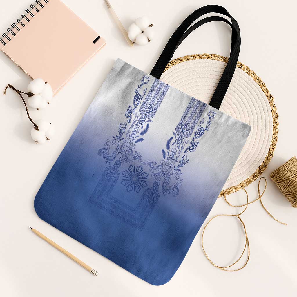 Philippines Barong Style Tote Bag with Polynesian Art and Leaf Motif Blue Color