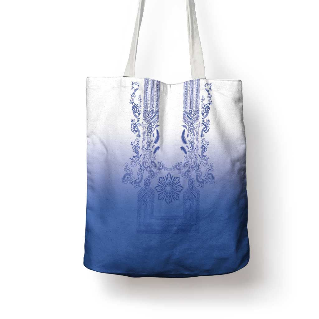 Philippines Barong Style Tote Bag with Polynesian Art and Leaf Motif Blue Color