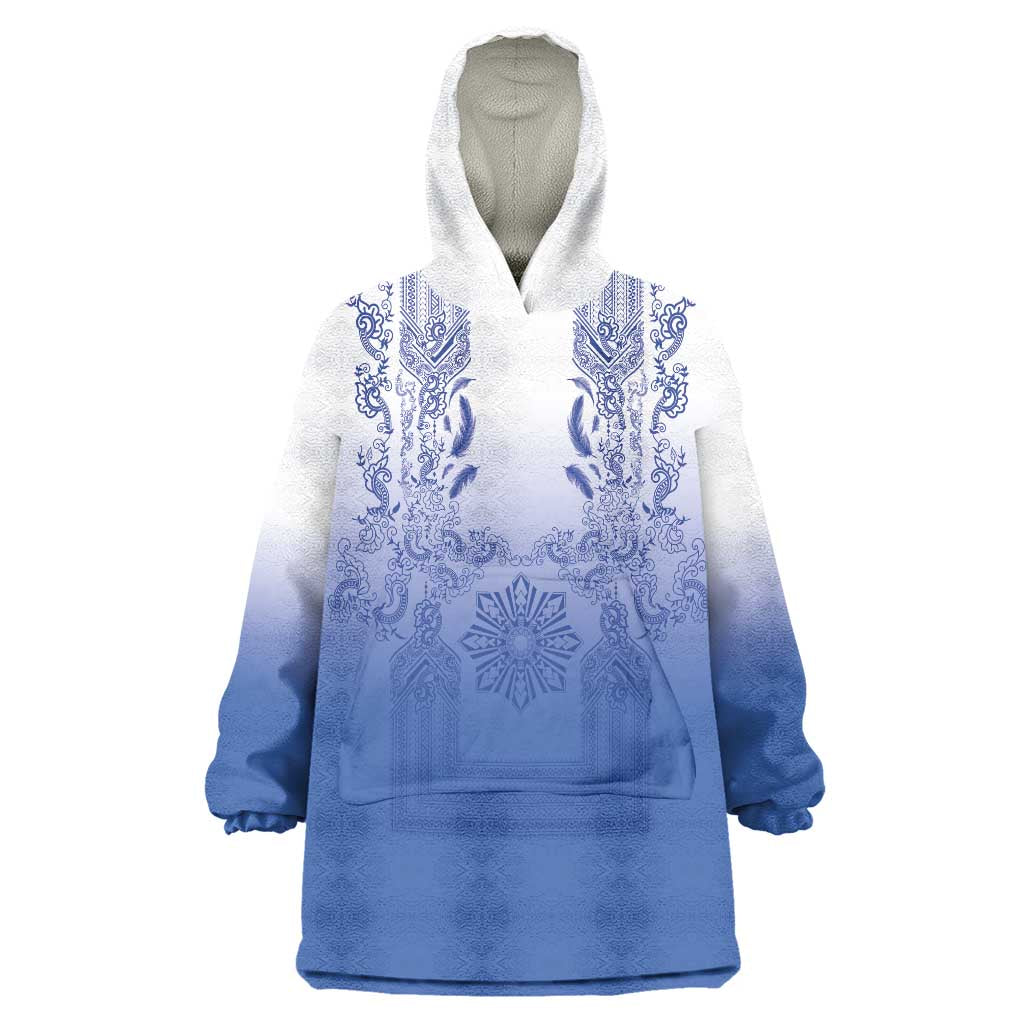 Philippines Barong Style Wearable Blanket Hoodie with Polynesian Art and Leaf Motif Blue Color LT03 One Size Blue - Polynesian Pride