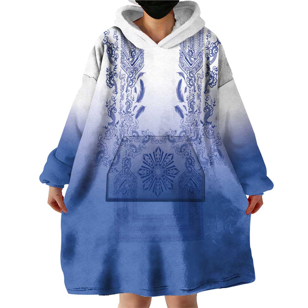 Philippines Barong Style Wearable Blanket Hoodie with Polynesian Art and Leaf Motif Blue Color LT03 - Polynesian Pride