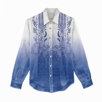 Philippines Barong Style Women Casual Shirt with Polynesian Art and Leaf Motif Blue Color LT03 - Polynesian Pride