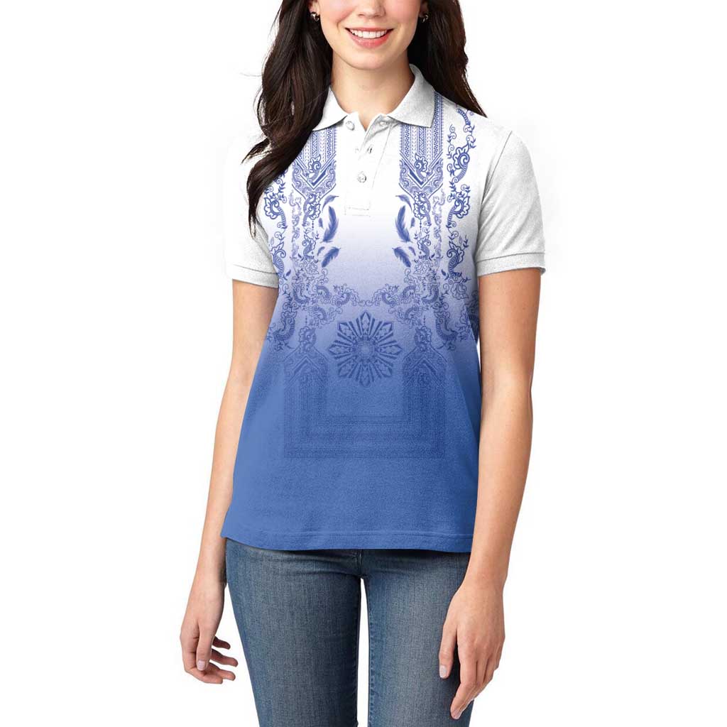 Philippines Barong Style Women Polo Shirt with Polynesian Art and Leaf Motif Blue Color LT03 - Polynesian Pride