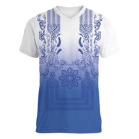 Philippines Barong Style Women V-Neck T-Shirt with Polynesian Art and Leaf Motif Blue Color LT03 Female Blue - Polynesian Pride