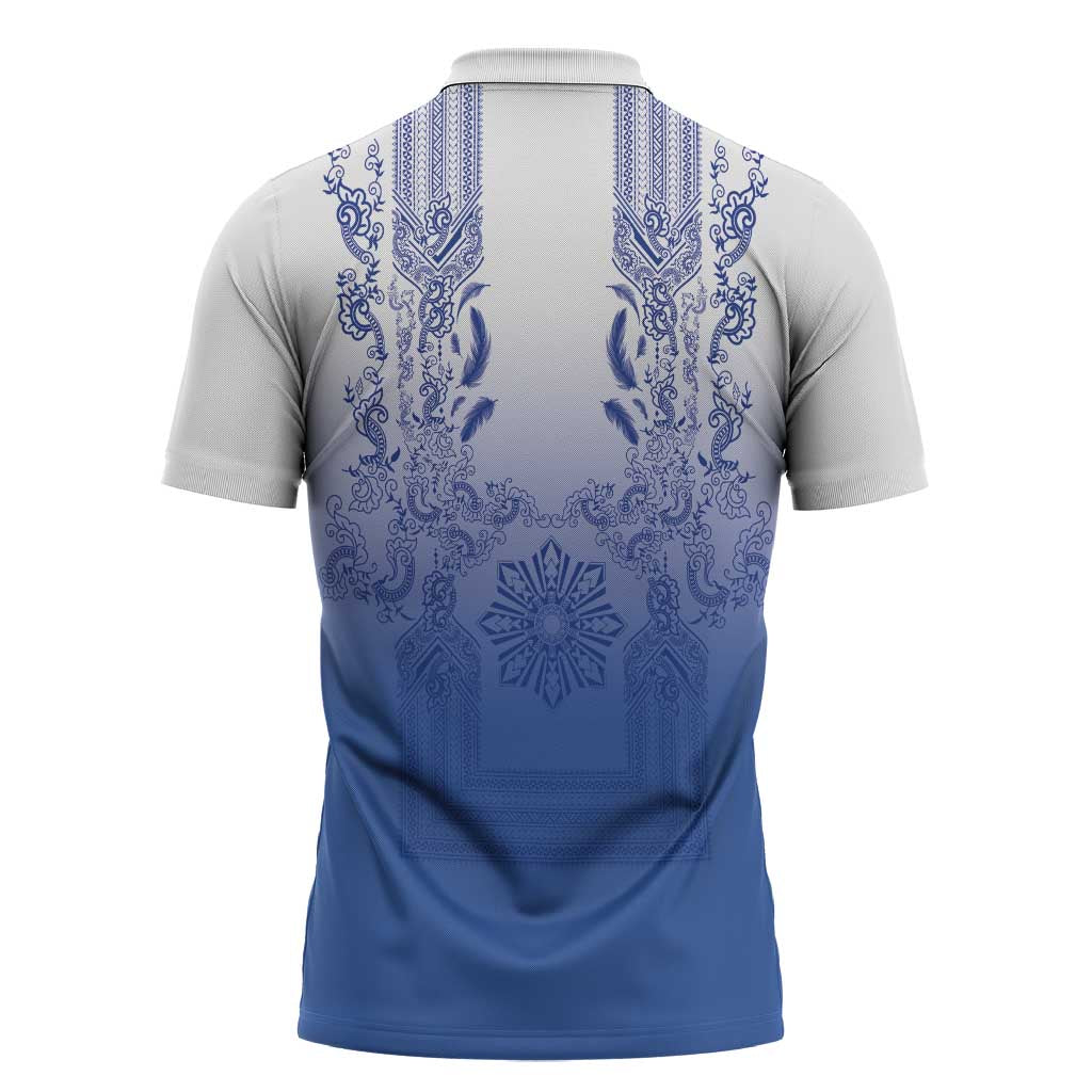 Philippines Barong Style Zipper Polo Shirt with Polynesian Art and Leaf Motif Blue Color