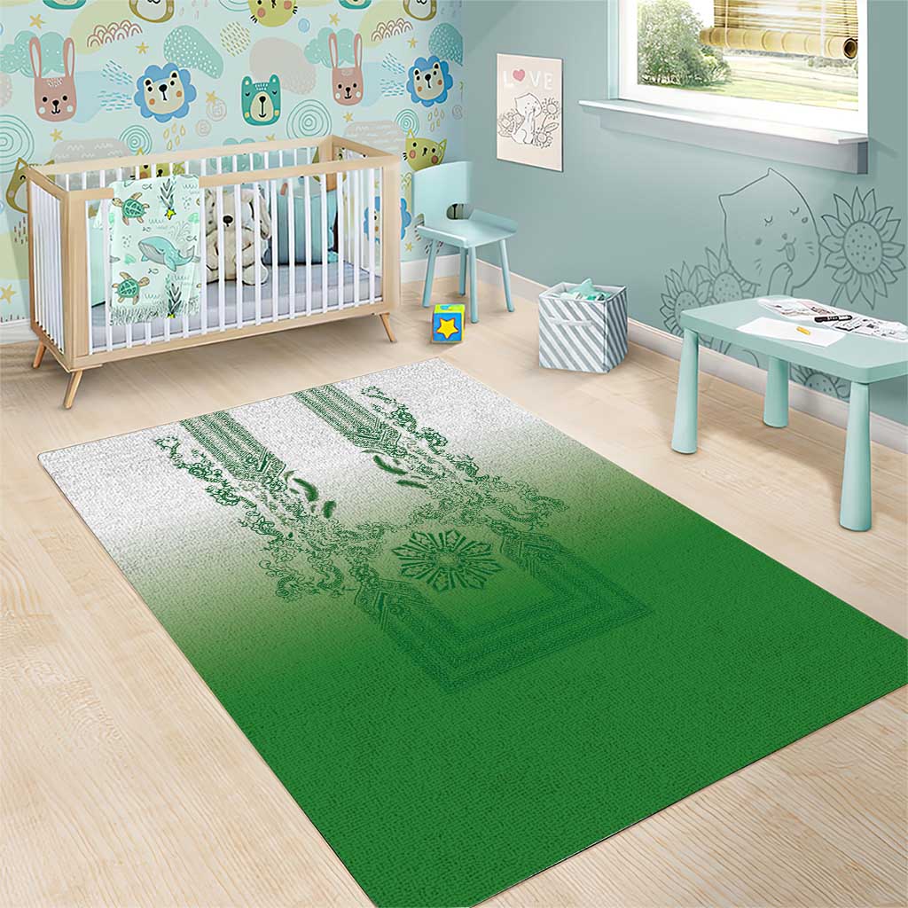 Philippines Barong Style Area Rug with Polynesian Art and Leaf Motif Green Color