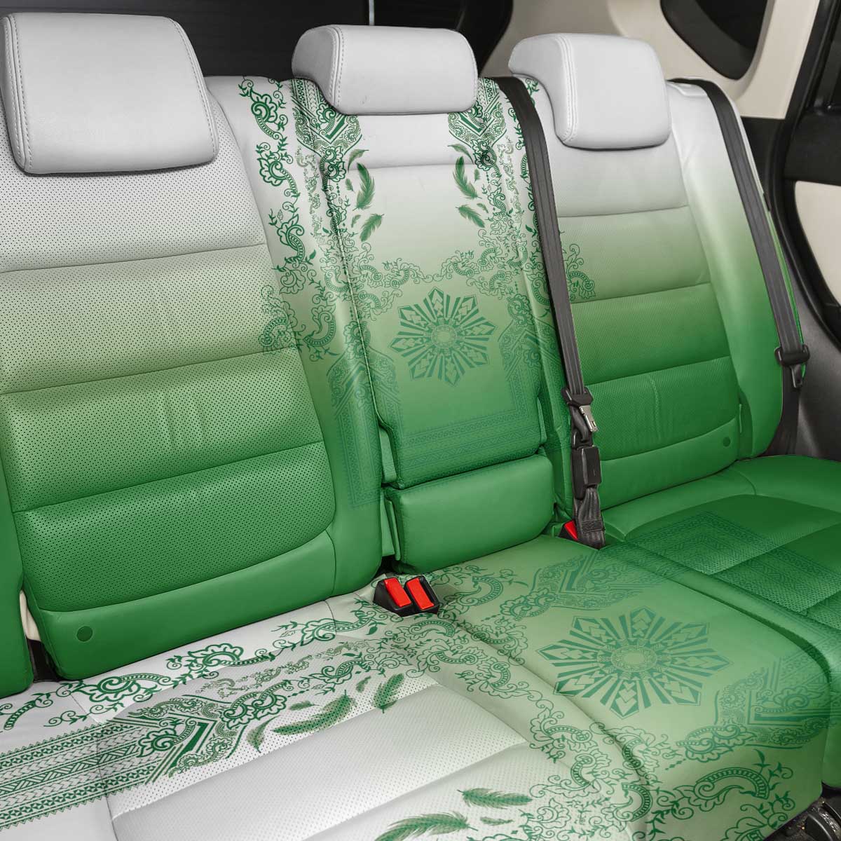 Philippines Barong Style Back Car Seat Cover with Polynesian Art and Leaf Motif Green Color