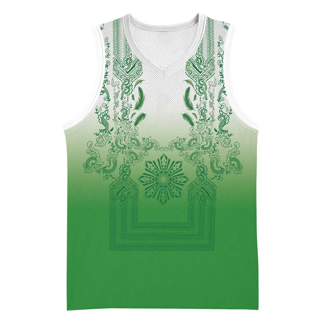 Philippines Barong Style Basketball Jersey with Polynesian Art and Leaf Motif Green Color