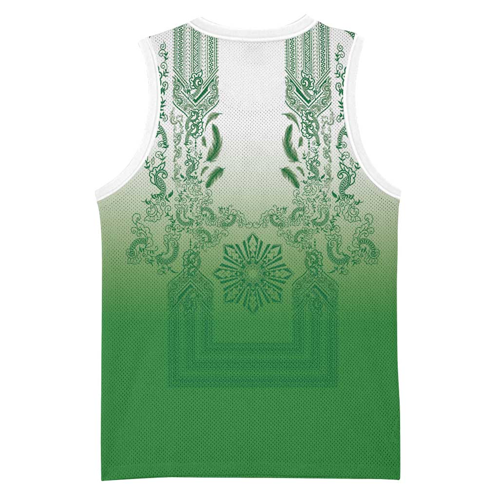 Philippines Barong Style Basketball Jersey with Polynesian Art and Leaf Motif Green Color