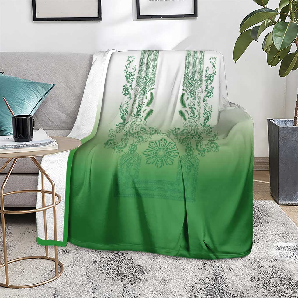 Philippines Barong Style Blanket with Polynesian Art and Leaf Motif Green Color