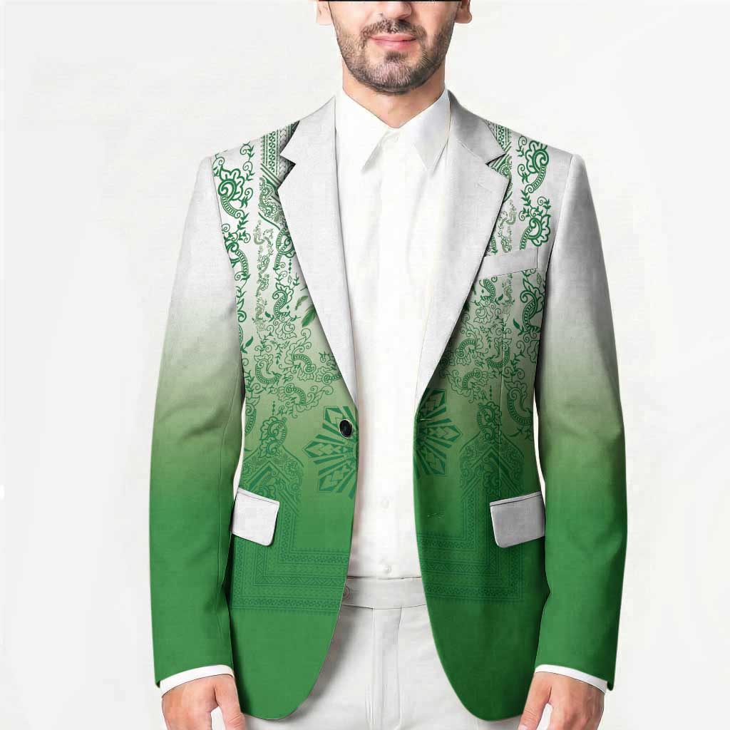 Philippines Barong Style Blazer with Polynesian Art and Leaf Motif Green Color