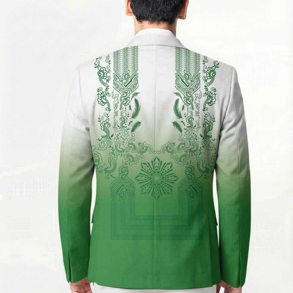 Philippines Barong Style Blazer with Polynesian Art and Leaf Motif Green Color
