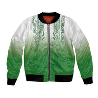 Philippines Barong Style Bomber Jacket with Polynesian Art and Leaf Motif Green Color