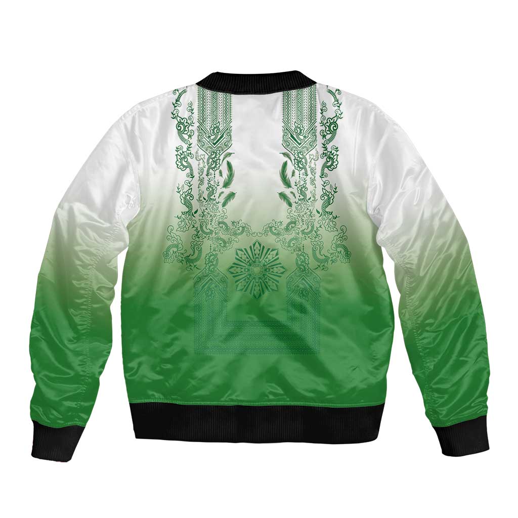 Philippines Barong Style Bomber Jacket with Polynesian Art and Leaf Motif Green Color