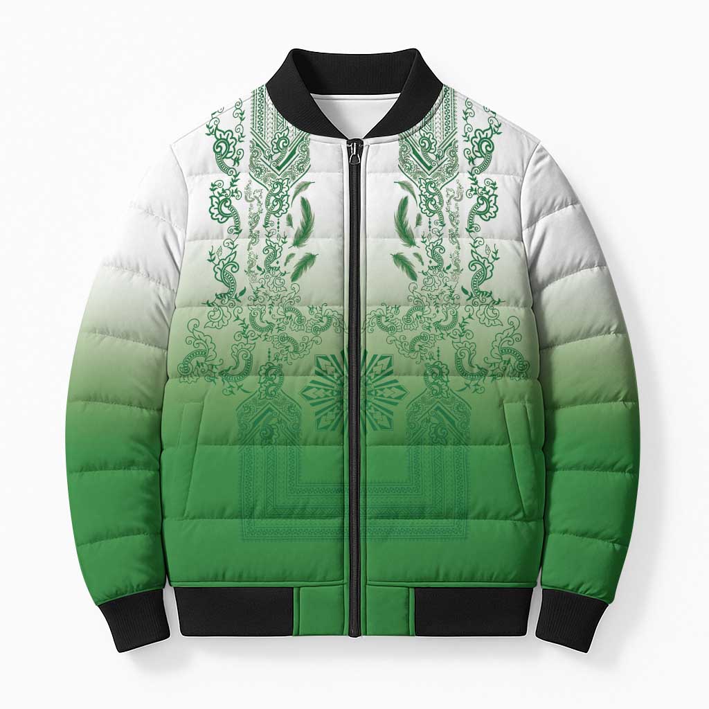 Philippines Barong Style Bomber Puffer Jacket with Polynesian Art and Leaf Motif Green Color LT03 Unisex Green - Polynesian Pride