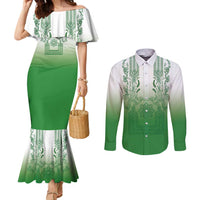 Philippines Barong Style Couples Matching Mermaid Dress and Long Sleeve Button Shirt with Polynesian Art and Leaf Motif Green Color LT03 Green - Polynesian Pride
