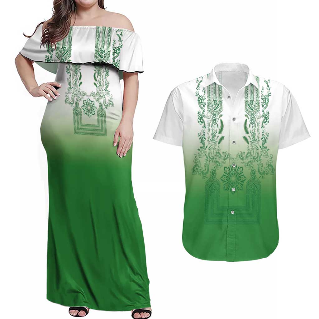 Philippines Barong Style Couples Matching Off Shoulder Maxi Dress and Hawaiian Shirt with Polynesian Art and Leaf Motif Green Color