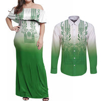 Philippines Barong Style Couples Matching Off Shoulder Maxi Dress and Long Sleeve Button Shirt with Polynesian Art and Leaf Motif Green Color LT03 Green - Polynesian Pride