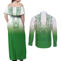 Philippines Barong Style Couples Matching Off Shoulder Maxi Dress and Long Sleeve Button Shirt with Polynesian Art and Leaf Motif Green Color LT03 - Polynesian Pride