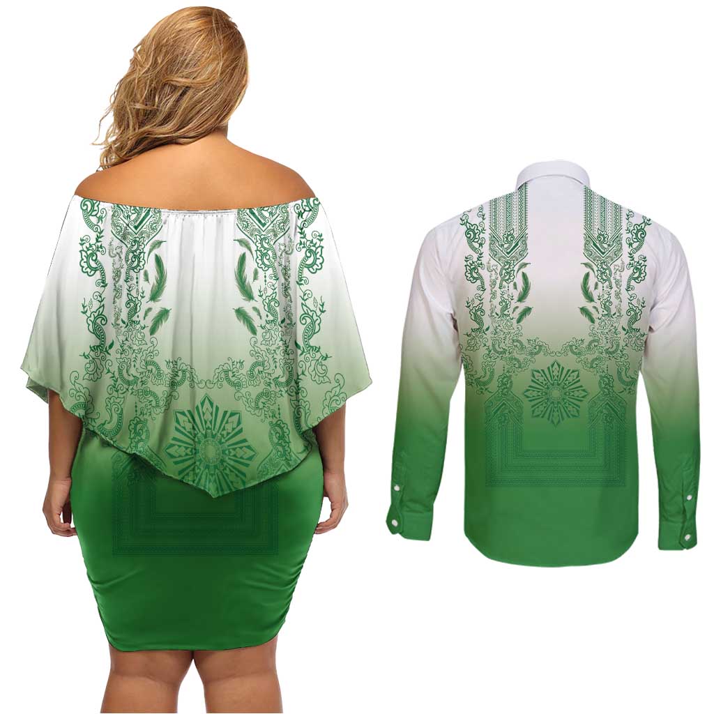 Philippines Barong Style Couples Matching Off Shoulder Short Dress and Long Sleeve Button Shirt with Polynesian Art and Leaf Motif Green Color LT03 - Polynesian Pride
