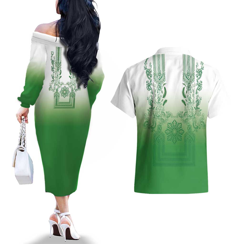 Philippines Barong Style Couples Matching Off The Shoulder Long Sleeve Dress and Hawaiian Shirt with Polynesian Art and Leaf Motif Green Color
