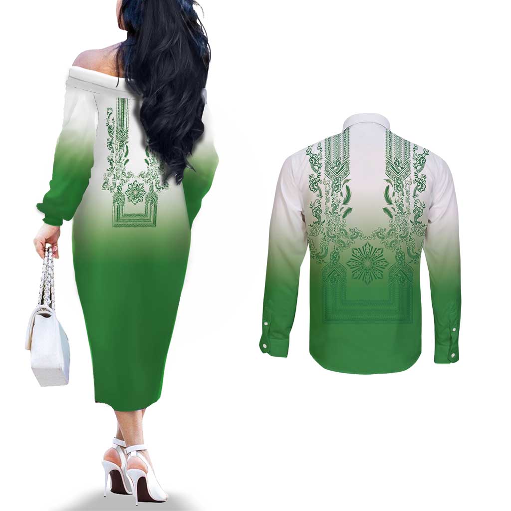 Philippines Barong Style Couples Matching Off The Shoulder Long Sleeve Dress and Long Sleeve Button Shirt with Polynesian Art and Leaf Motif Green Color