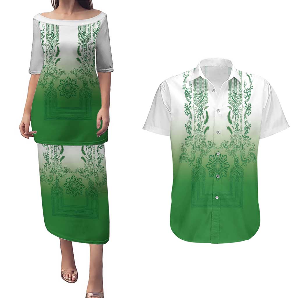 Philippines Barong Style Couples Matching Puletasi and Hawaiian Shirt with Polynesian Art and Leaf Motif Green Color LT03 Green - Polynesian Pride