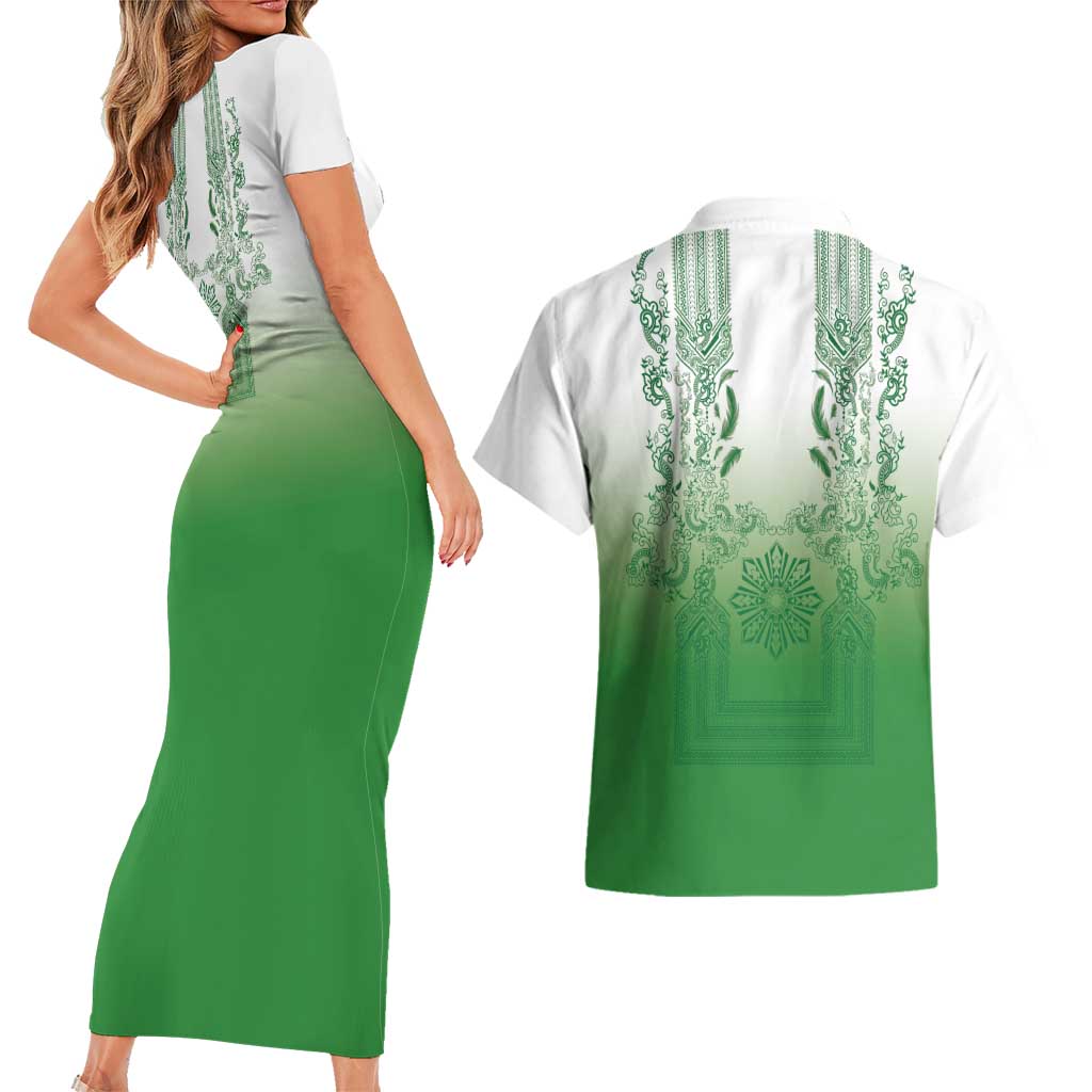 Philippines Barong Style Couples Matching Short Sleeve Bodycon Dress and Hawaiian Shirt with Polynesian Art and Leaf Motif Green Color