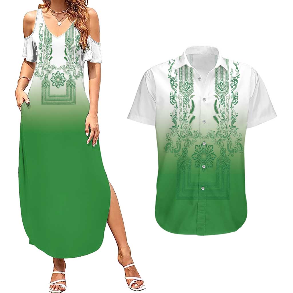 Philippines Barong Style Couples Matching Summer Maxi Dress and Hawaiian Shirt with Polynesian Art and Leaf Motif Green Color