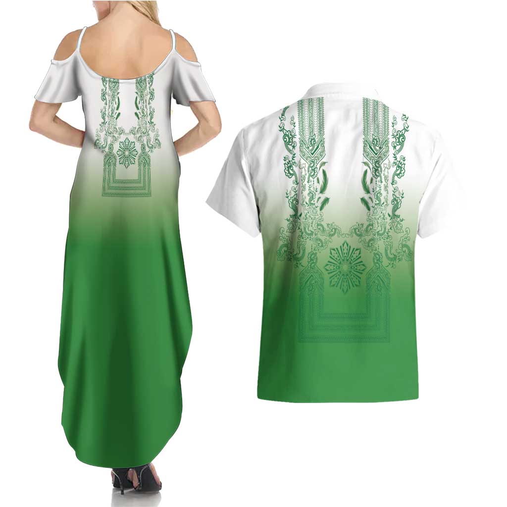 Philippines Barong Style Couples Matching Summer Maxi Dress and Hawaiian Shirt with Polynesian Art and Leaf Motif Green Color