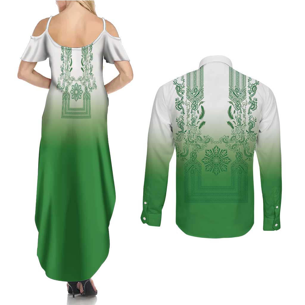 Philippines Barong Style Couples Matching Summer Maxi Dress and Long Sleeve Button Shirt with Polynesian Art and Leaf Motif Green Color LT03 - Polynesian Pride
