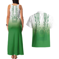 Philippines Barong Style Couples Matching Tank Maxi Dress and Hawaiian Shirt with Polynesian Art and Leaf Motif Green Color