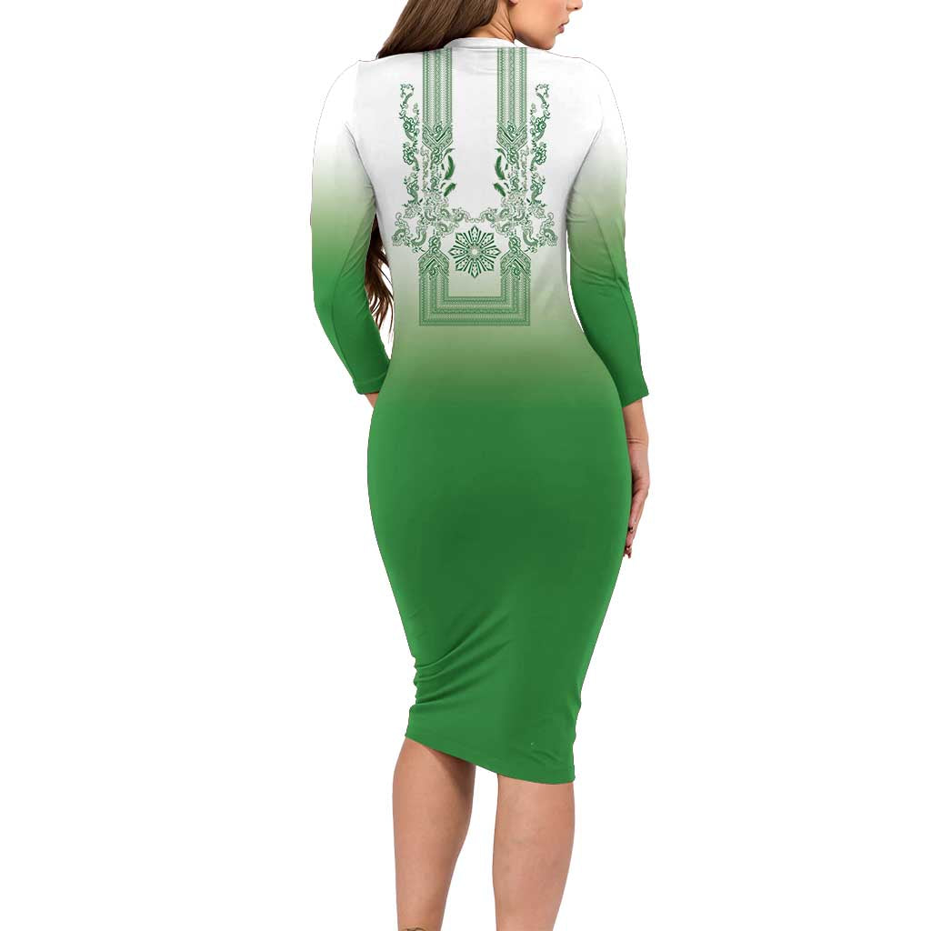 Philippines Barong Style Family Matching Long Sleeve Bodycon Dress and Hawaiian Shirt with Polynesian Art and Leaf Motif Green Color LT03 - Polynesian Pride