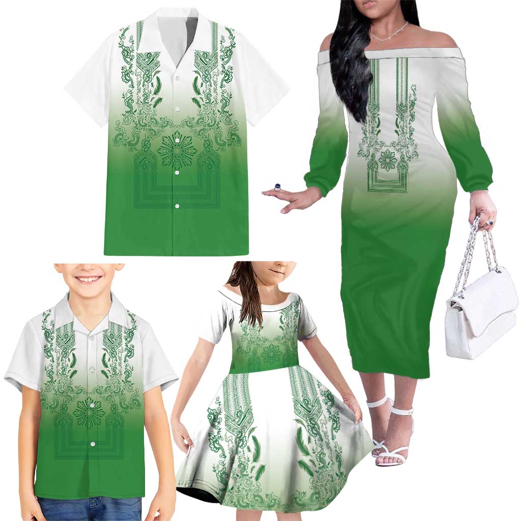 Philippines Barong Style Family Matching Off The Shoulder Long Sleeve Dress and Hawaiian Shirt with Polynesian Art and Leaf Motif Green Color LT03 - Polynesian Pride