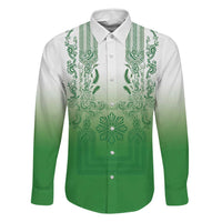 Philippines Barong Style Family Matching Off Shoulder Maxi Dress and Hawaiian Shirt with Polynesian Art and Leaf Motif Green Color LT03 Dad's Shirt - Long Sleeve Green - Polynesian Pride