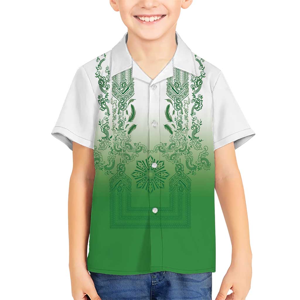Philippines Barong Style Family Matching Off Shoulder Maxi Dress and Hawaiian Shirt with Polynesian Art and Leaf Motif Green Color LT03 Son's Shirt Green - Polynesian Pride