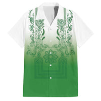 Philippines Barong Style Family Matching Off Shoulder Short Dress and Hawaiian Shirt with Polynesian Art and Leaf Motif Green Color LT03 Dad's Shirt - Short Sleeve Green - Polynesian Pride