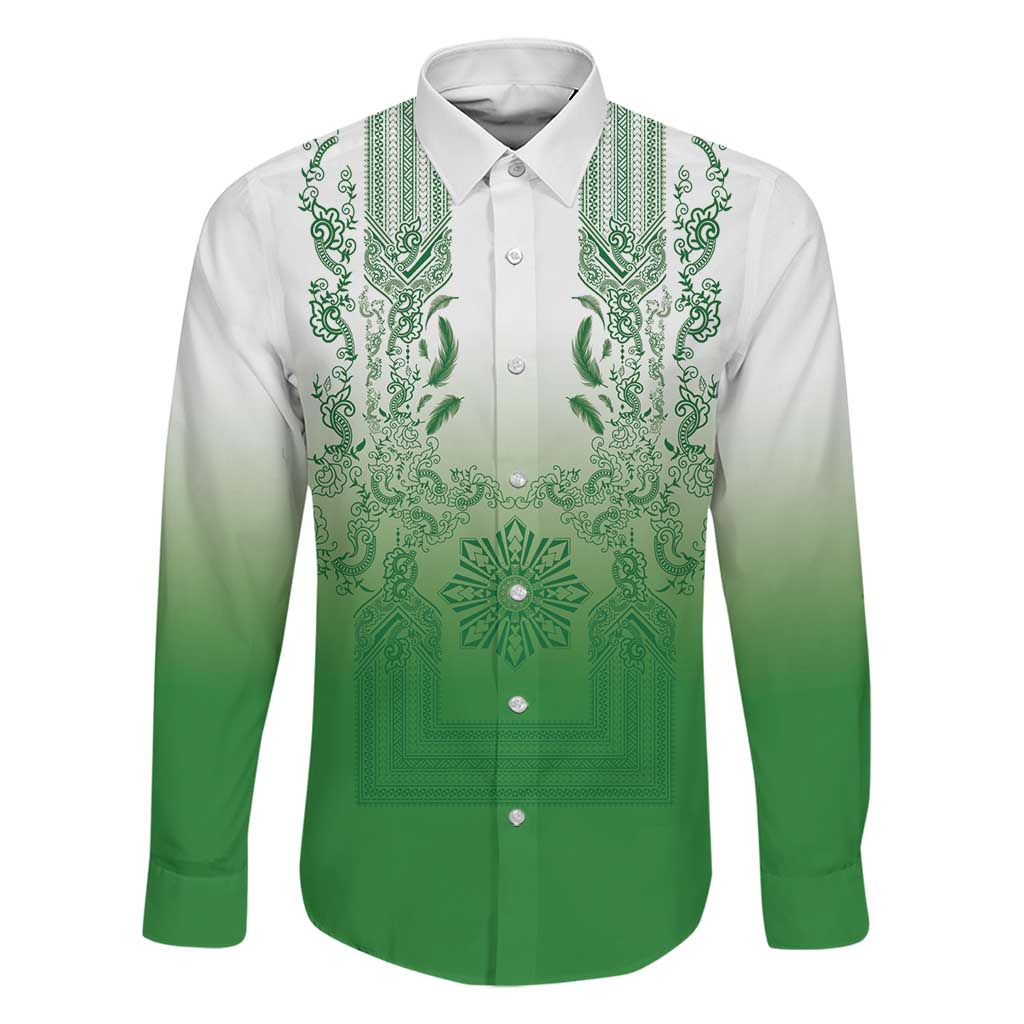 Philippines Barong Style Family Matching Off Shoulder Short Dress and Hawaiian Shirt with Polynesian Art and Leaf Motif Green Color LT03 Dad's Shirt - Long Sleeve Green - Polynesian Pride