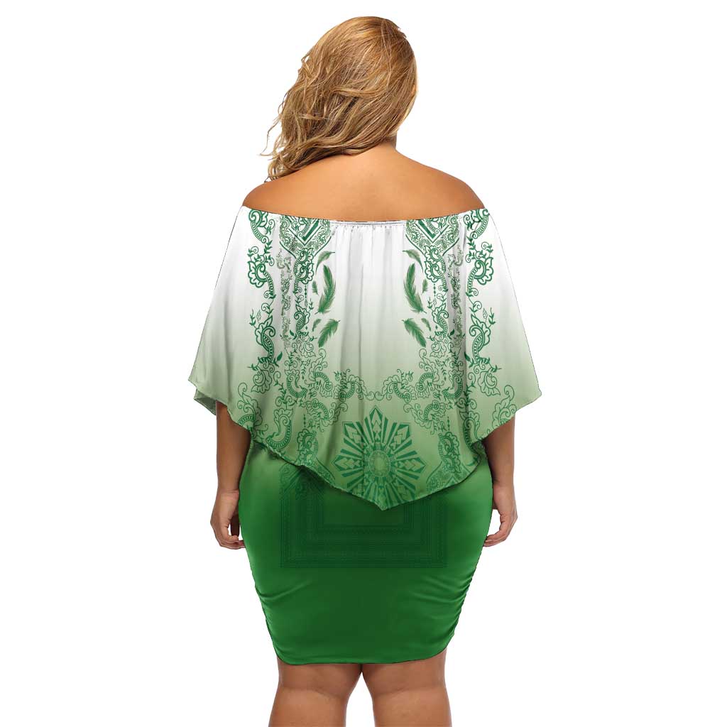 Philippines Barong Style Family Matching Off Shoulder Short Dress and Hawaiian Shirt with Polynesian Art and Leaf Motif Green Color LT03 - Polynesian Pride