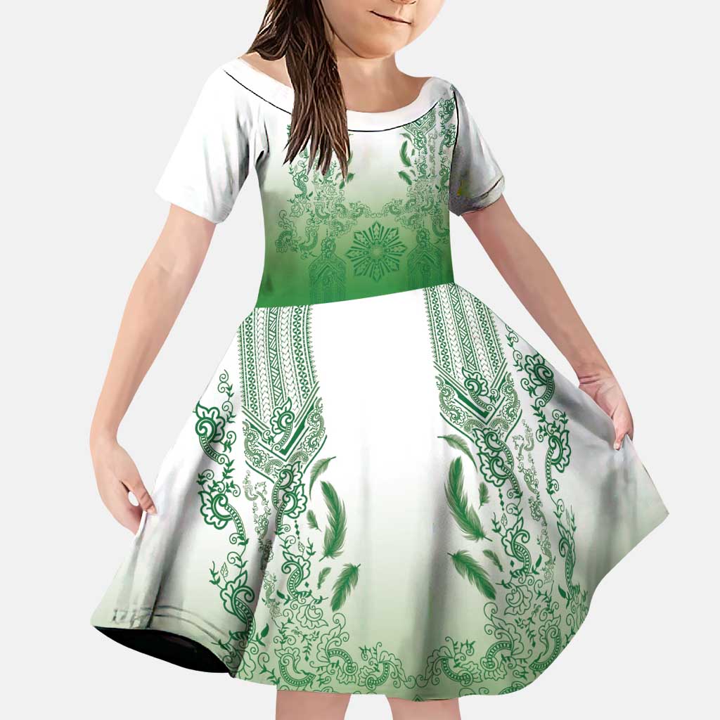 Philippines Barong Style Family Matching Puletasi and Hawaiian Shirt with Polynesian Art and Leaf Motif Green Color LT03 Daughter's Dress Green - Polynesian Pride