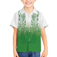 Philippines Barong Style Family Matching Puletasi and Hawaiian Shirt with Polynesian Art and Leaf Motif Green Color LT03 Son's Shirt Green - Polynesian Pride