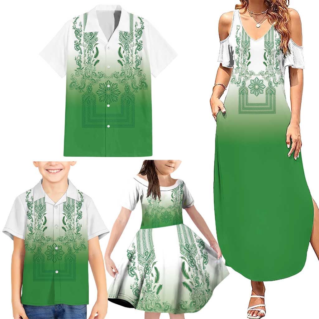 Philippines Barong Style Family Matching Summer Maxi Dress and Hawaiian Shirt with Polynesian Art and Leaf Motif Green Color