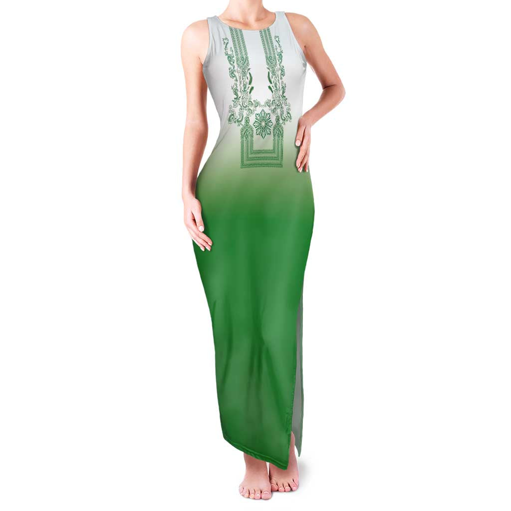 Philippines Barong Style Family Matching Tank Maxi Dress and Hawaiian Shirt with Polynesian Art and Leaf Motif Green Color LT03 Mom's Dress Green - Polynesian Pride
