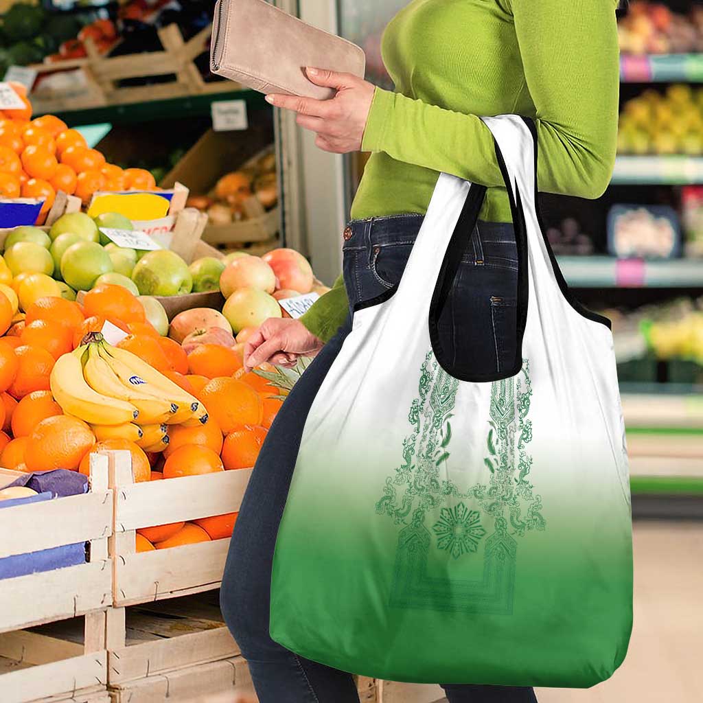 Philippines Barong Style Grocery Bag with Polynesian Art and Leaf Motif Green Color