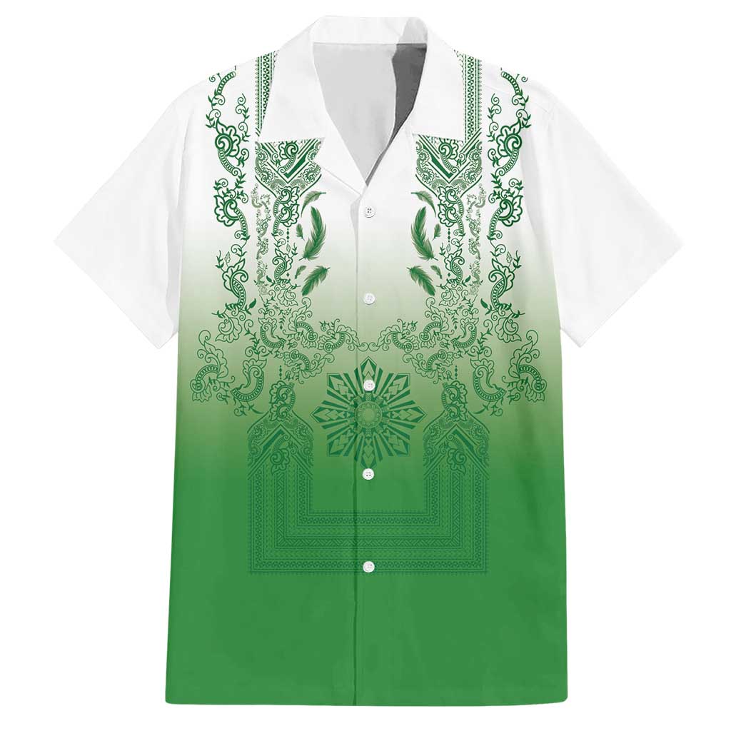 Philippines Barong Style Hawaiian Shirt with Polynesian Art and Leaf Motif Green Color