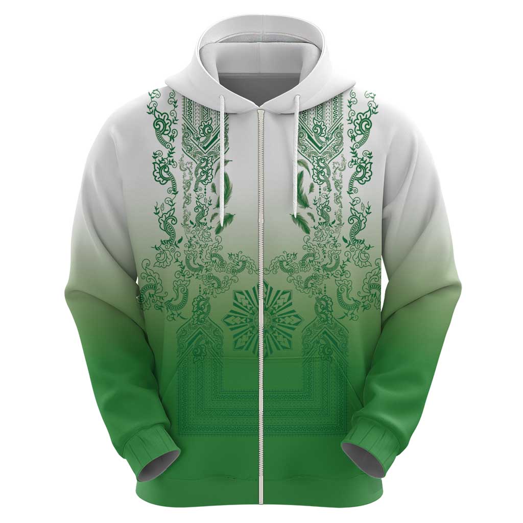 Philippines Barong Style Hoodie with Polynesian Art and Leaf Motif Green Color